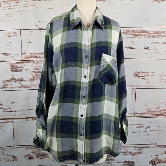 NWT Billy T Mabry Chambray Button Down Top Blue Green Plaid Size Large - Picture 1 of 7
